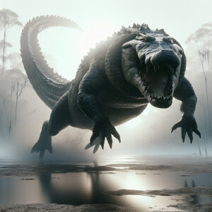 a ulta-realistic portrait of a jumping huge crocodile, lunging t...