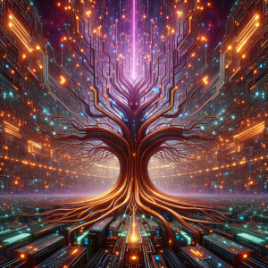 In the center of the painting stands a towering retro-futuristic...