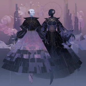 Illustrate a mysterious, dreamlike procession of masked figures...