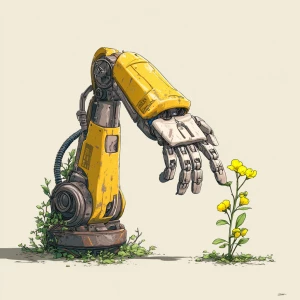 Wall-E robot's hand (arm) touches a flower with a green stem and...