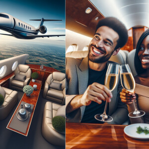 Create a video of a private luxurious plane, flying in the sky,...