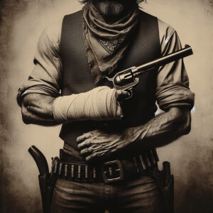 A old west gunslinger with left arm in a cast hanging by his sid...