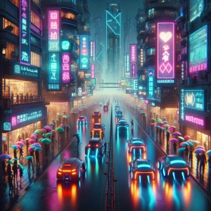 A rainy night scene in a crowded urban district, with vibrant neon lights reflecting off wet pavement. The streets are packed with people holding glowing umbrellas, and autonomous vehicles glide silently past modern buildings decorated with animated advertisements.