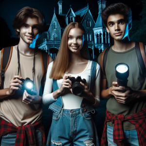 Three teenagers with flashlights and cameras stand at night near...