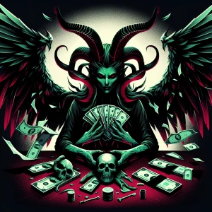 Create an illustration of a commanding demoness with prominent,...