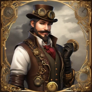 A steampunk character wearing goggles and a leather vest, with simple brass gears visible on their shoulder.