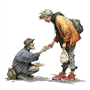 Giving food to a poor homeless white man in rags