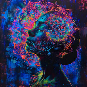 A woman’s head on portrait with her face illuminated by a glowin...