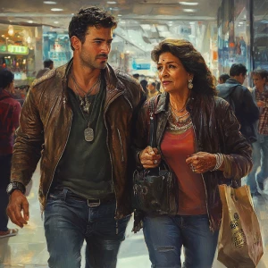 Photorealism,fantasy,a bodybuilder man ,walking with his 50 year...