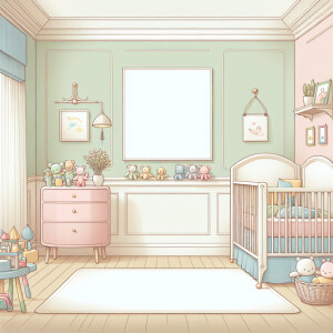 Create an elegant nursery mockup room with soft, pastel colors i...
