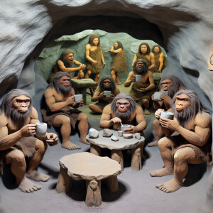 In the Stone Age Starbucks coffee shop, a group of Nederthals sa...