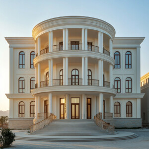 Design an elegant classic facade for a four-story circular-plan...