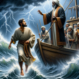 African-American Jesus telling Peter to come walk on the water,...