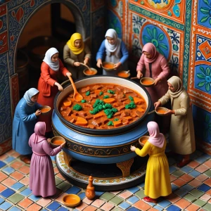 The image depicts a miniature scene of people cooking in a large...