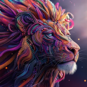 Create a 3D-rendered 8k UHD image of a lion with an extremely detailed, oversized psychedelic mane, incorporating vibrant colors and intricate patterns to emphasize a professional level of detail.