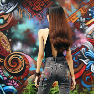 Attractive, Asian teenage girl, long brown hair and bangs, wearing tight skinny jeans and a halter top paint marks on her clothing, backside view heroic pose Asian graffiti