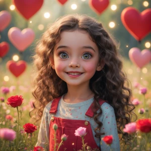 "Portrait of a young girl with long curly hair, big green eyes, and a playful smile, standing in a sunlit meadow filled with wildflowers."