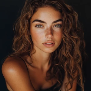 Italian American female model, fit tall, supple, boxum, light br...