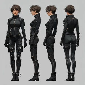 A digital art character design sheet showcasing a futuristic fem...