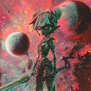 Create a 3D stereograph image of an alien girl with a ferocious...