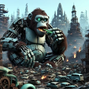 A colossal robotic simian, with visible gears and metal plates,...