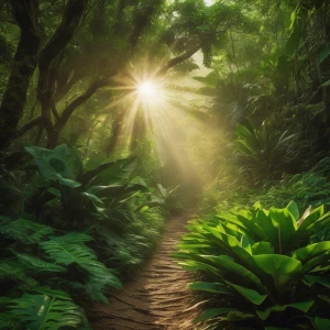 Dense, green foliage surrounding a narrow dirt path, with shafts of light streaming through the leaves.