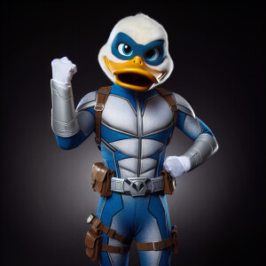 An anthropomorphic duck with white feathers dressed in a fitted...