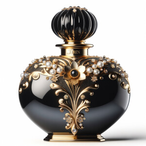 Design a fancy, black and gold bottle of perfume in the shape of a woman’s body. With a golden diamond top, flowers pearls and Diamonds in the name, Karen