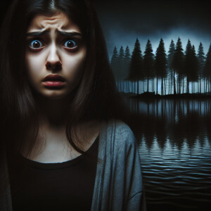 A girl stands in horror near a terrible lake