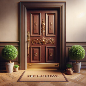 Create a 4d image of a warm and inviting front door with a welco...