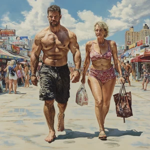Photorealism,a muscular sweaty beefy man walking with his 53 yea...