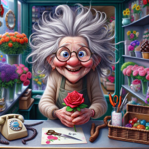 a whimsical cartoonishly realistic image of an old lady with wil...