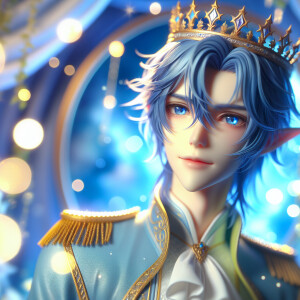 handsome blue hair elf young man wearing a crown, hd, 3d anime,m...