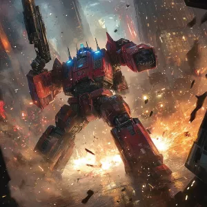 Megatron locked in battle with Optimus Prime in a desolate citys...