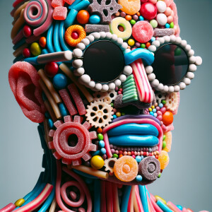portrait of a man made entirely out of candy, licorice and smart...