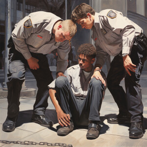 Three white teenage boys, handcuffed and lying face down on a si...