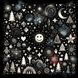 Black background scattered with beautiful watercolor celestial d...