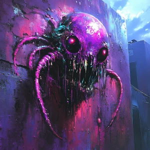 Create an image of a graffiti-style alien hybrid, adorned with neon-like dripping tentacles and luminescent fractal designs, spray-painted onto the decaying hull of a spaceship. Capture the essence of street artist 108's raw and chaotic artistic approach.