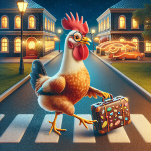 A whimsical scene of a chicken carrying a suitcase, crossing the...