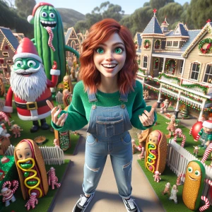 Photorealistic Whimsical Christmas scene A happy woman with shou...