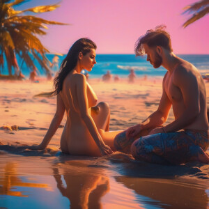 Nudists on a  beach, naked. Sunny