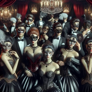 "Create an image depicting an opulent and mysterious masked ball...