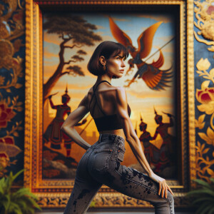 Athletic Thin skinny Attractive, Asian teenage girl, long brown hair and bangs, wearing tight skinny jeans and a halter top paint marks on her clothing, heroic pose Asian graffiti background, backside view