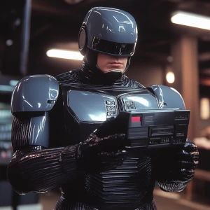 RoboCop holding a classic Nintendo Entertainment System (NES) co...