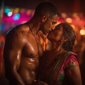 A muscular, sweaty Indian man standing in a corner of a garden w...