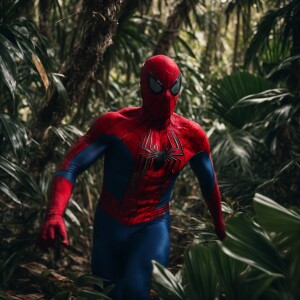 Spiderman corriendo en un bosque tropical