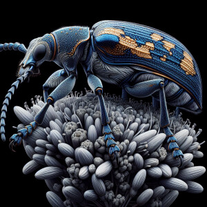 A full body portrait of a Yosemite Cobalt milk weed beetle stand...