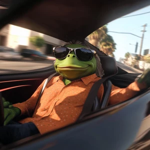pepe meme driving a car. Use iconic GTA style.