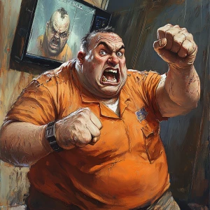 A portly prison warden with an expression of intense anger and g...