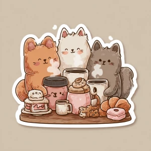 /imagine cute animals sitting together enjoying coffee and pastr...